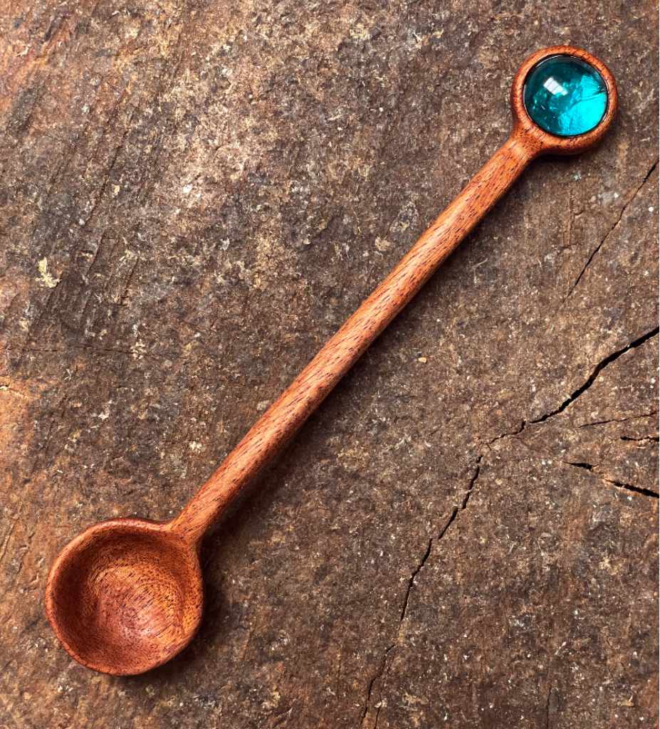 Mahogany jar spoon with blue glass pebble
